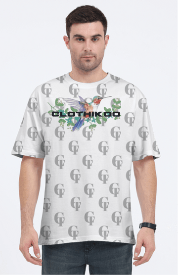 Clothikoo Oversized Brand Print T-Shirt (240 GSM, White Colour, Flamingo Bird Print) - Clothikoo