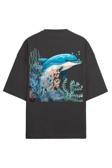 Clothikoo Oversized T-Shirt (Dolphin Print, 100% Cotton, 240 GSM, Black Colour) - Clothikoo