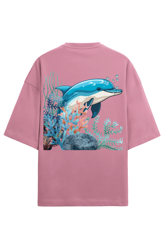 Clothikoo Oversized T-Shirt (Dolphin Print, 100% Cotton, 240 GSM, Pink Colour)