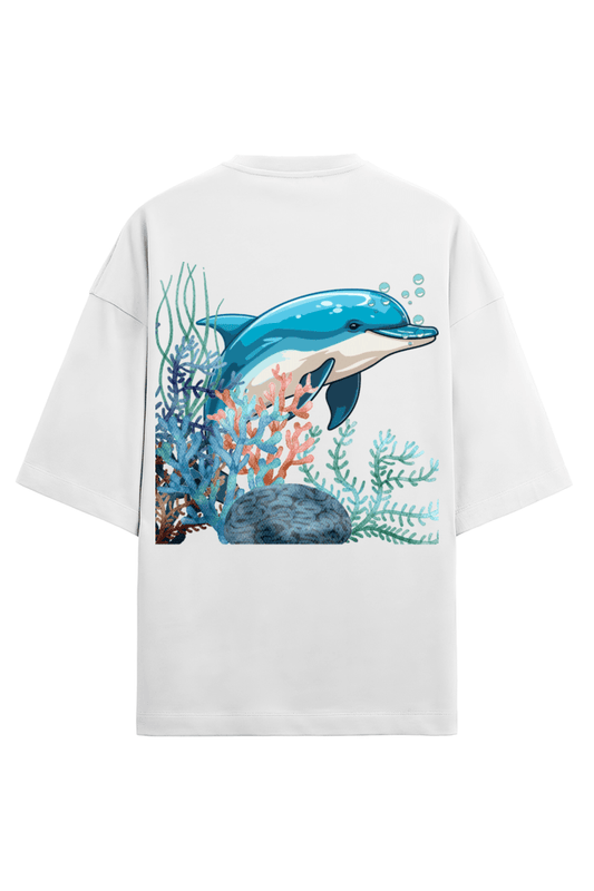 Clothikoo Oversized T-Shirt (Dolphin Print, 100% Cotton, 240 GSM, White Colour)