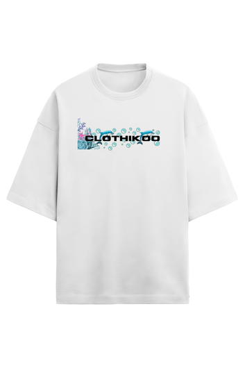 Clothikoo Oversized T-Shirt (Dolphin Print, 100% Cotton, 240 GSM, White Colour)