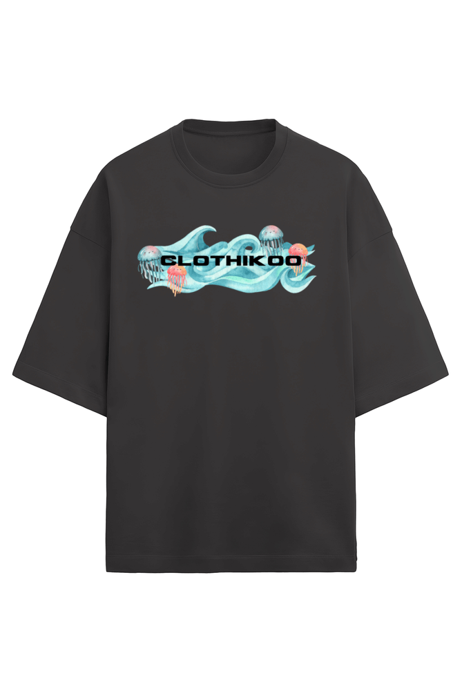 Clothikoo Oversized T-Shirt (JellyFish Print, 100% Cotton, 240 GSM, Black Colour) - Clothikoo