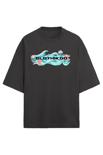 Clothikoo Oversized T-Shirt (JellyFish Print, 100% Cotton, 240 GSM, Black Colour)