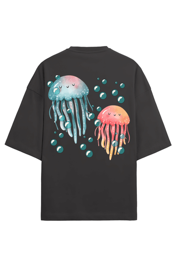 Clothikoo Oversized T-Shirt (JellyFish Print, 100% Cotton, 240 GSM, Black Colour) - Clothikoo