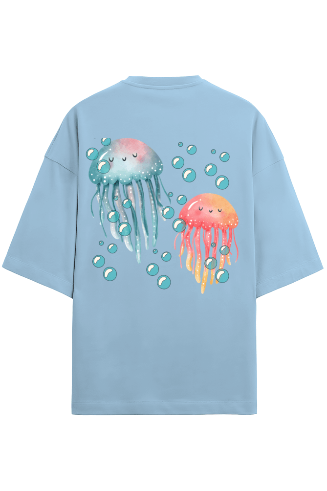 Clothikoo Oversized T-Shirt (JellyFish Print, 100% Cotton, 240 GSM, Blue Colour) - Clothikoo