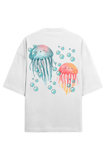 Clothikoo Oversized T-Shirt (JellyFish Print, 100% Cotton, 240 GSM, White Colour) - Clothikoo