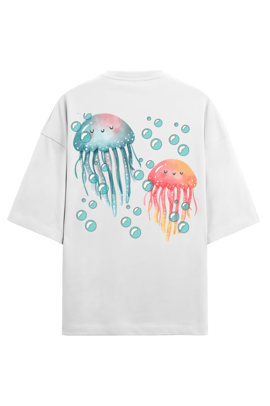 Clothikoo Oversized T-Shirt (JellyFish Print, 100% Cotton, 240 GSM, White Colour)