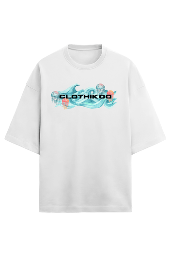 Clothikoo Oversized T-Shirt (JellyFish Print, 100% Cotton, 240 GSM, White Colour)