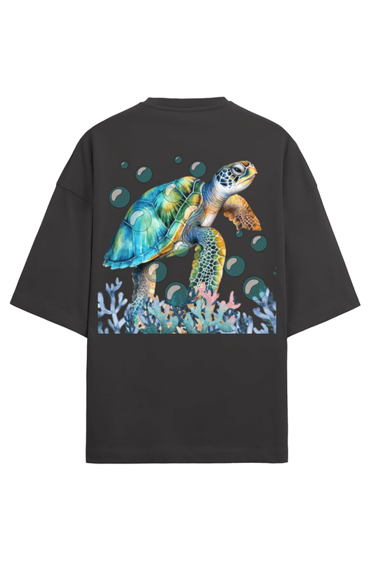 Clothikoo Oversized T-Shirt (Turtle Print, 100% Cotton, 240 GSM, Black Colour)