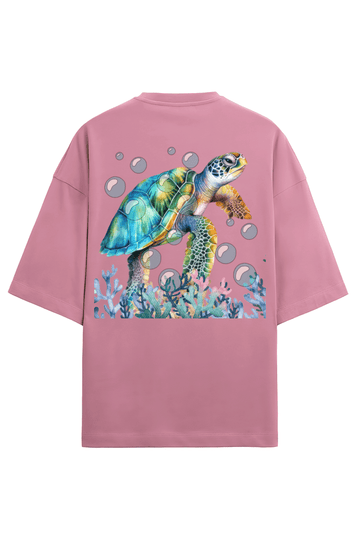 Clothikoo Oversized T-Shirt (Turtle Print, 100% Cotton, 240 GSM, Pink Colour) - Clothikoo