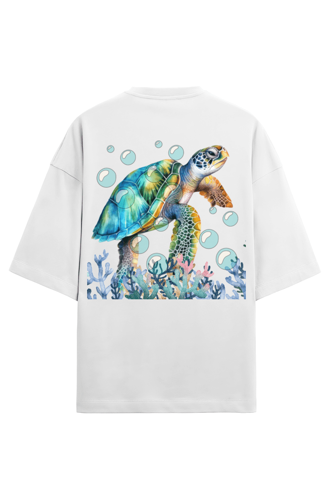 Clothikoo Oversized T-Shirt (Turtle Print, 100% Cotton, 240 GSM, White Colour) - Clothikoo