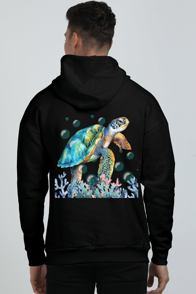 Clothikoo Premium Turtle Printed Edition Hoodie (400 GSM, Black, Turtle Print) - Clothikoo